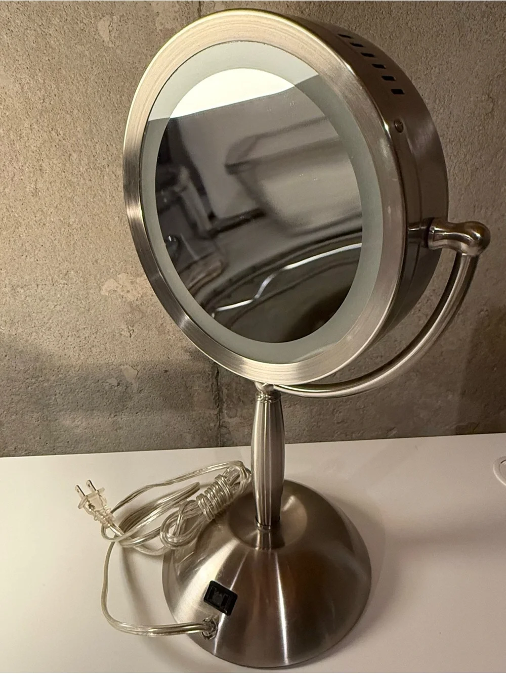 Brushed Silver Vanity LED Table Mirror Smart Touch Sensor Built-in Power Outlet